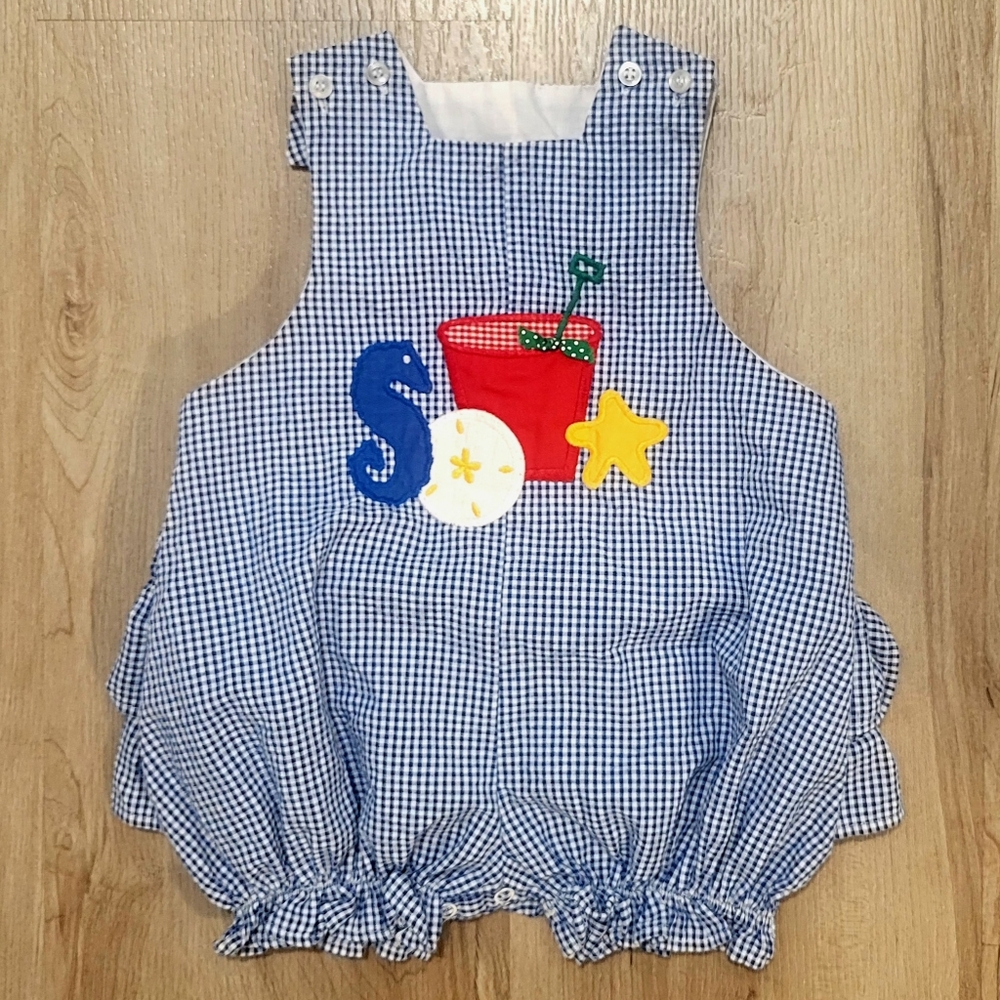 Vintage Bailey Boys Classic Blue & White Gingham Bubble Romper Size 24 Mon USA